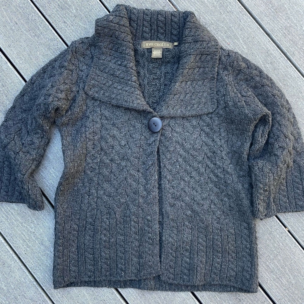 Inis Crafts Ireland Wool Cardigan Sweater 3/4 sleeve single button dark gray M